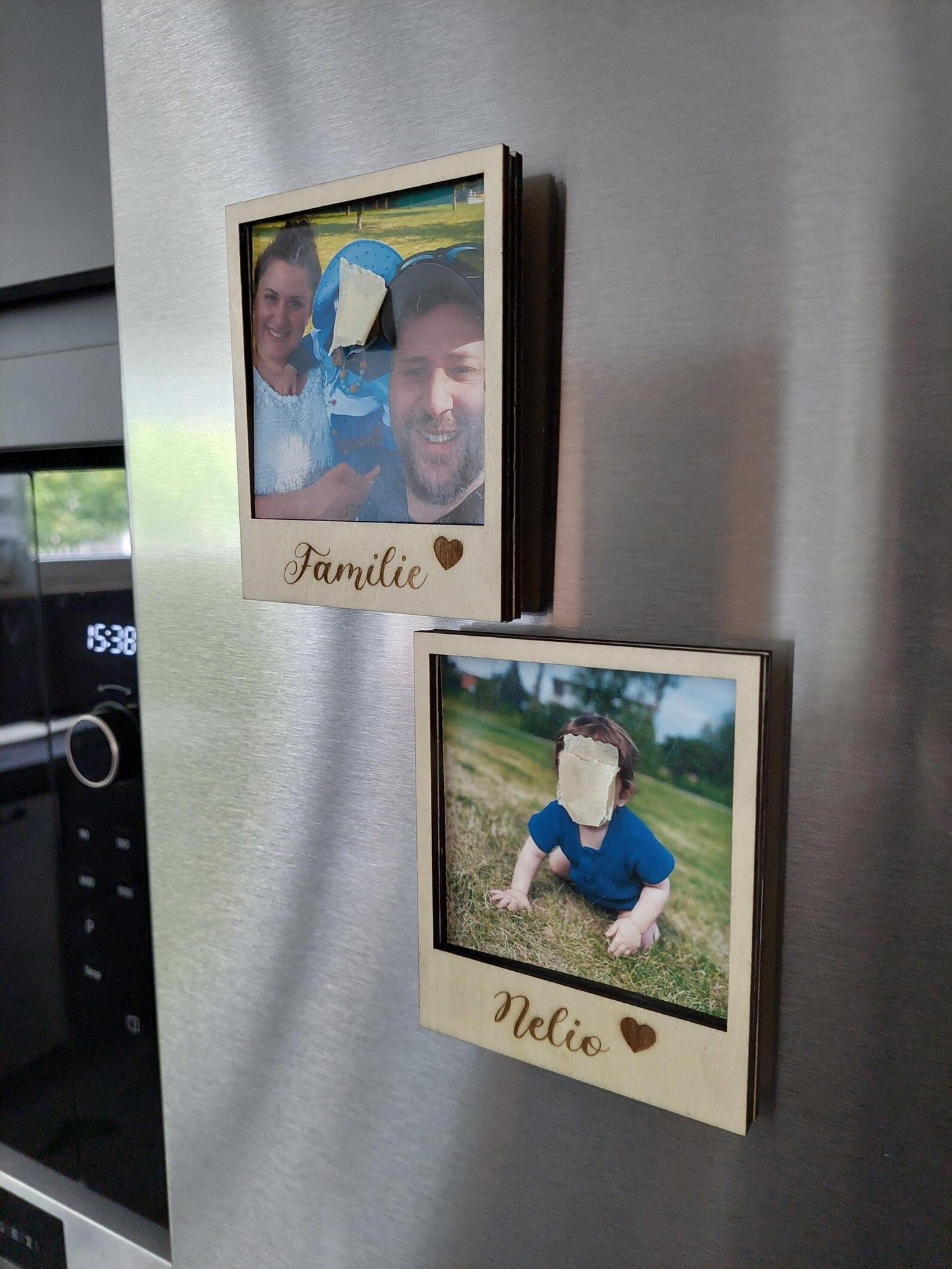 Kühlschrank Bilderrahmen Magnet aus Holz, Polaroid Bilderrahmen personalisierbar, Hochzeitsbilderrahmen mit Namen, Bilderrahmen mit Gravur
