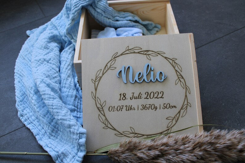 Erinnerungsbox Baby, Erinnerungskiste Baby, Geschenk Geburt, Babygeschenk Geburt, Baby, Geburt, Holzkiste, Babyshowerparty, Holzbox mit Name