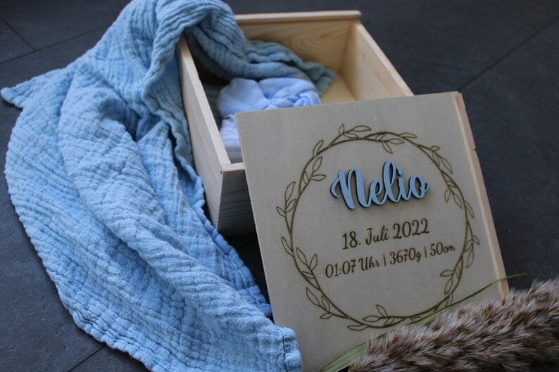 Erinnerungsbox Baby, Erinnerungskiste Baby, Geschenk Geburt, Babygeschenk Geburt, Baby, Geburt, Holzkiste, Babyshowerparty, Holzbox mit Name