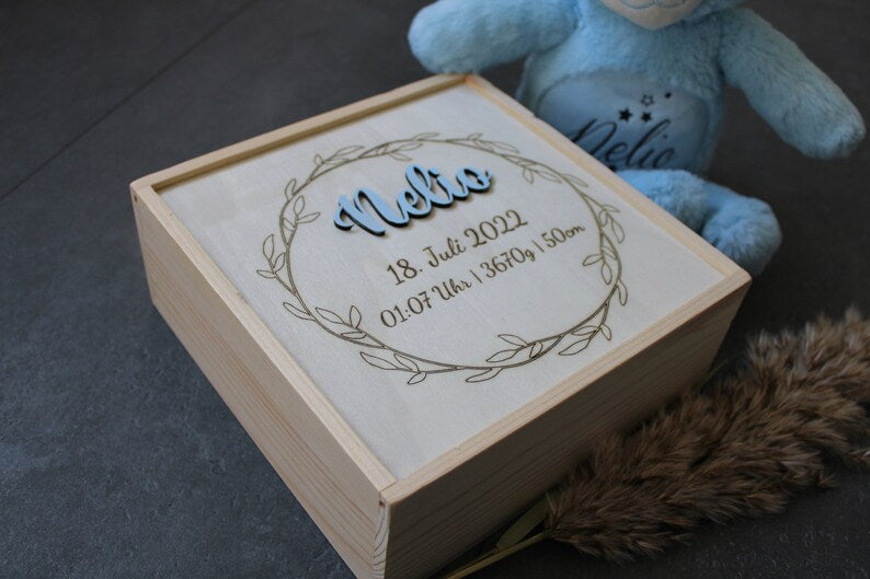 Erinnerungsbox Baby, Erinnerungskiste Baby, Geschenk Geburt, Babygeschenk Geburt, Baby, Geburt, Holzkiste, Babyshowerparty, Holzbox mit Name
