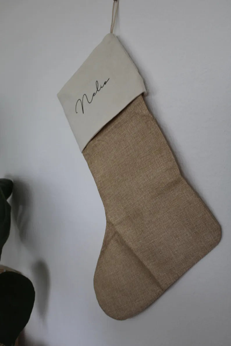 Nikolausstiefel mit Namen, Nikolausstrumpf, Nikolaussocke, Weihnachtsstrumpf personalisiert, zeitloser Nikolausstiefel aus Jute mit Name