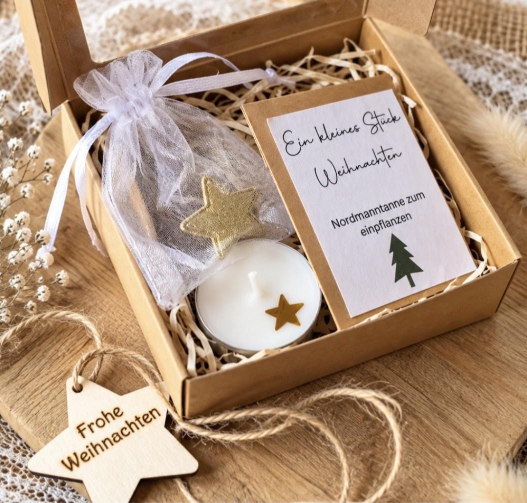 Festliches Mitbringsel, Weihnachtsset mit Kerze und Tannensamen, Wichtelgeschenk, Firmengeschenk Weihnachten, Weihnachten to go
