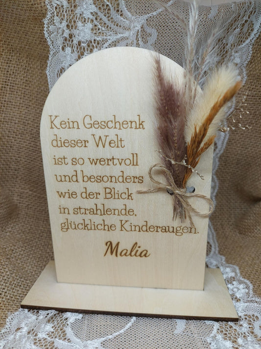 Herbst Deko, Einzugsgeschenk mit Spruch personalisiert, Geschenk Kinderzimmer, Aufsteller Dekoration zum aufstellen, Bogen mit Trockenblumen