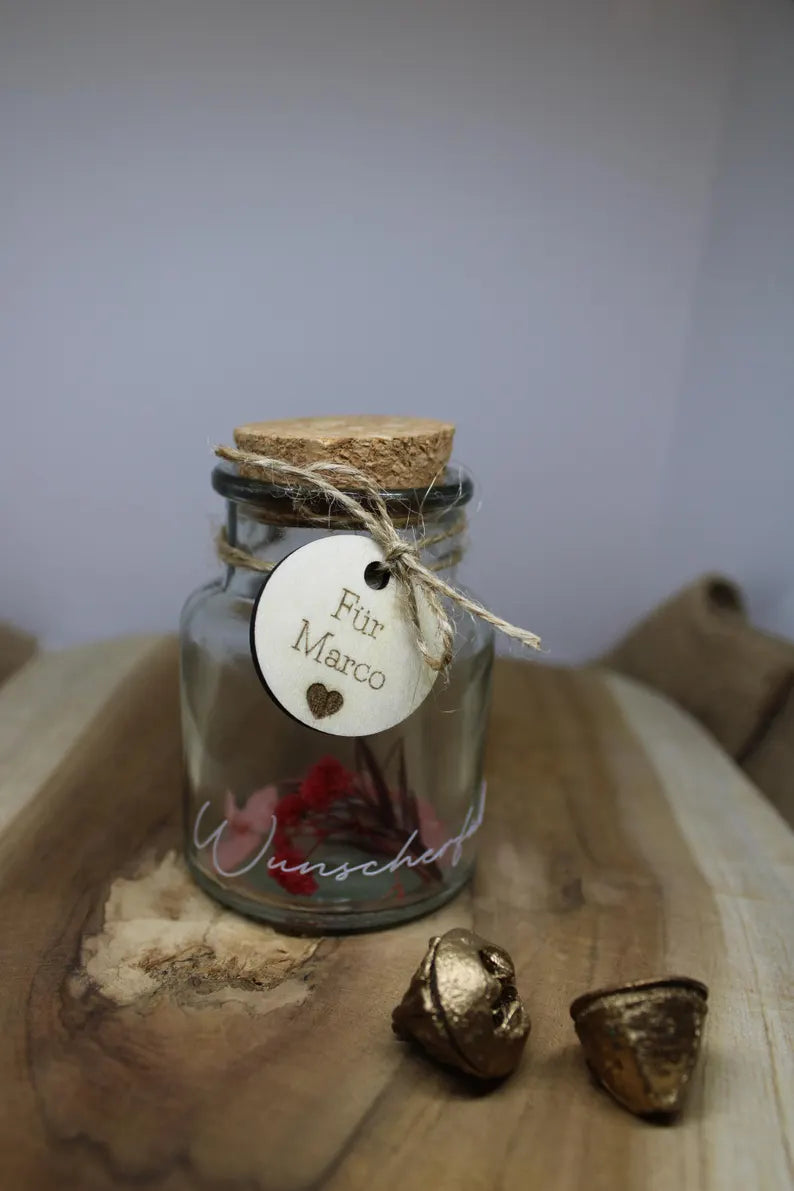 Wunscherfüller im Glas mit Name, Geld verschenken, Geldgeschenk personalisiert, Reagenzglas mit Blumen, Weihnachten Geld verschenken, Name