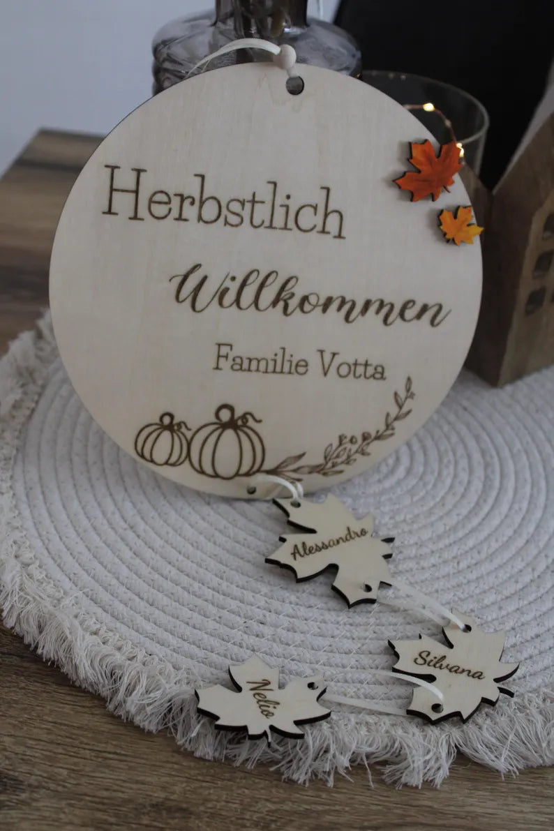 Herbstdekoration, Herbstdeko personalisiert, Herbstliches Schild, Türschild Herbst mit Namen, Herbstdeko Holz, herbst deko zum aufhängen