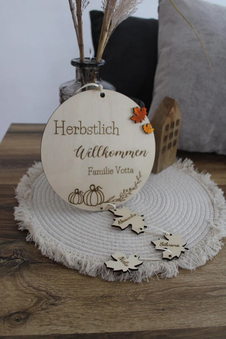 Herbstdekoration, Herbstdeko personalisiert, Herbstliches Schild, Türschild Herbst mit Namen, Herbstdeko Holz, herbst deko zum aufhängen