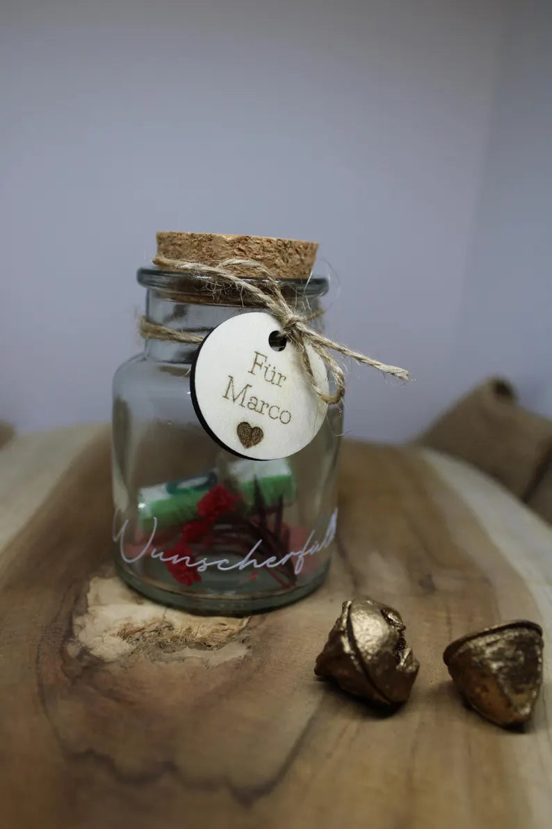 Wunscherfüller im Glas mit Name, Geld verschenken, Geldgeschenk personalisiert, Reagenzglas mit Blumen, Weihnachten Geld verschenken, Name