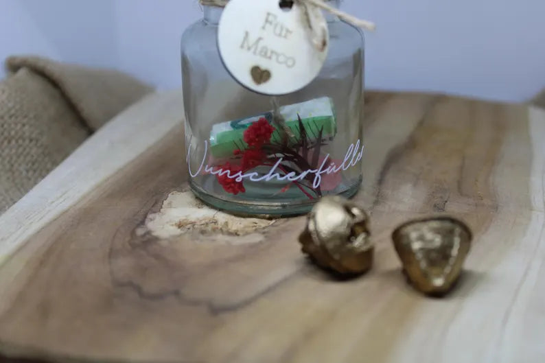 Wunscherfüller im Glas mit Name, Geld verschenken, Geldgeschenk personalisiert, Reagenzglas mit Blumen, Weihnachten Geld verschenken, Name