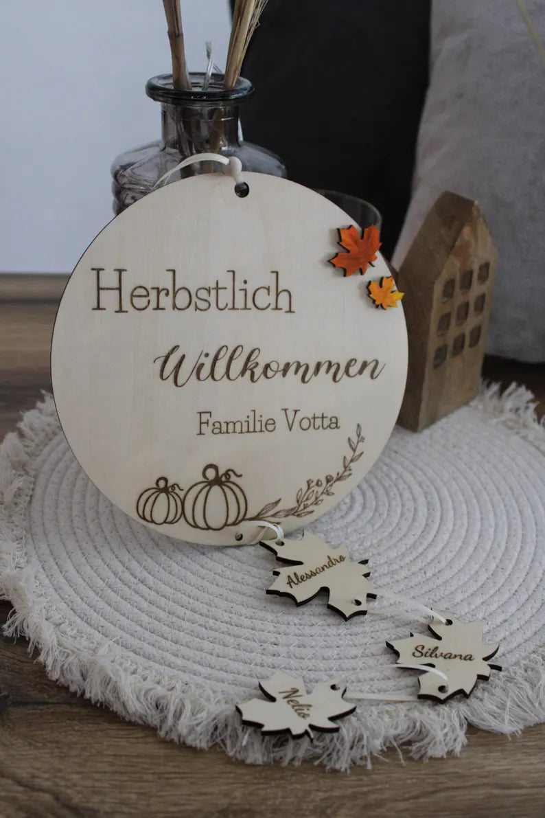 Herbstdekoration, Herbstdeko personalisiert, Herbstliches Schild, Türschild Herbst mit Namen, Herbstdeko Holz, herbst deko zum aufhängen